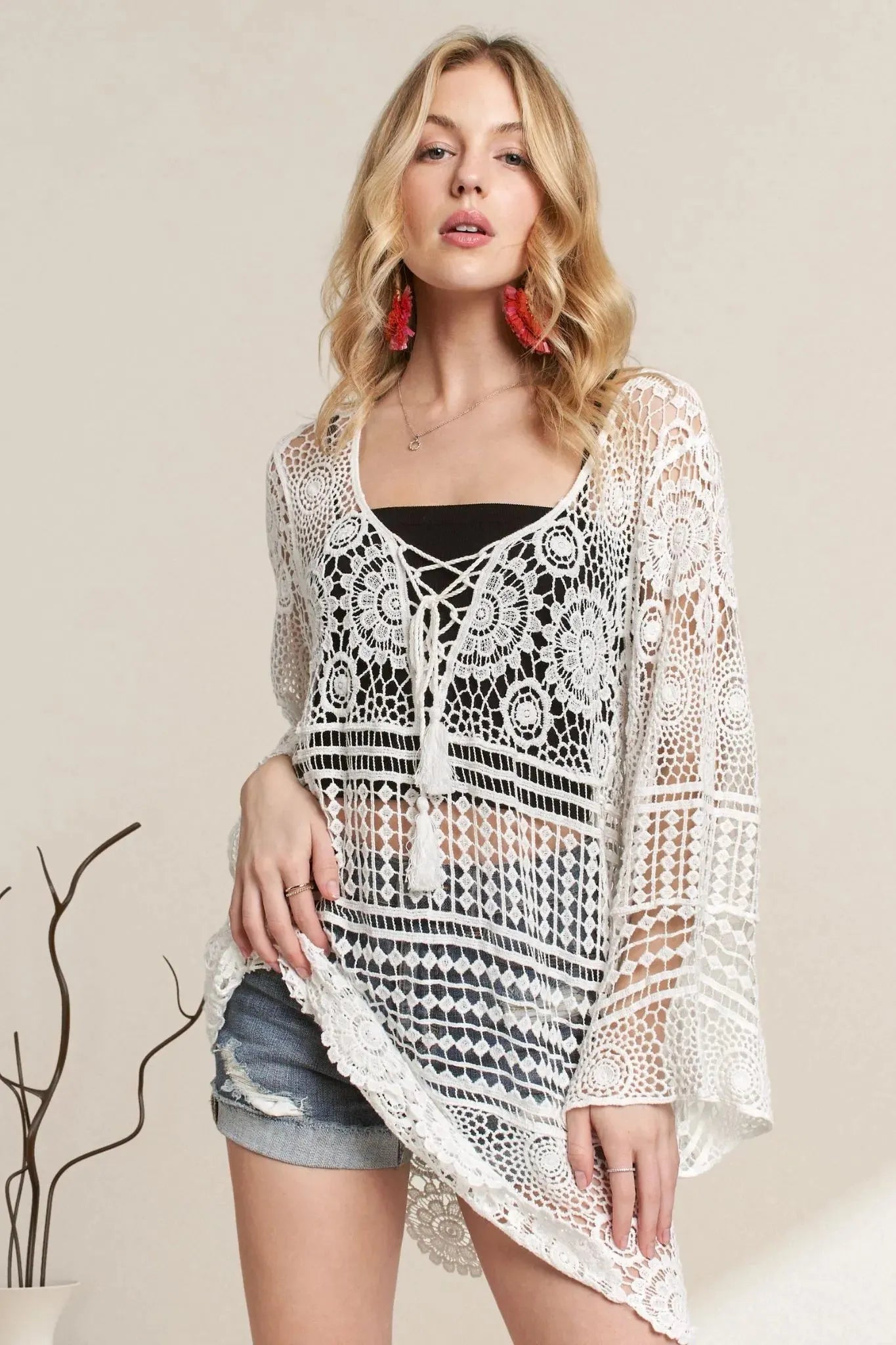 Bohemian Crochet Lace-Up Beach Coverup women outfit ideas