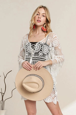 Bohemian Crochet Lace-Up Beach Coverup women outfit ideas