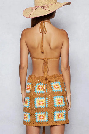 Boho Crochet Halter & Mini Skirt Beach Set in Mustard women outfit ideas