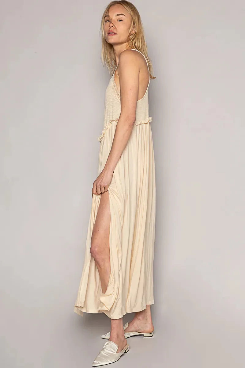 Boho Frill Slit Cami Beach Dress in Cream women outfit ideas