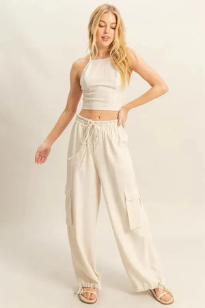Breezy Cargo Crop Top & Beach Pants Set in Oatmeal women outfit ideas