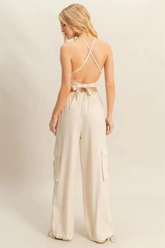 Breezy Cargo Crop Top & Beach Pants Set in Oatmeal women outfit ideas