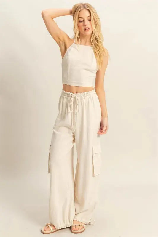 Breezy Cargo Crop Top & Beach Pants Set in Oatmeal women outfit ideas