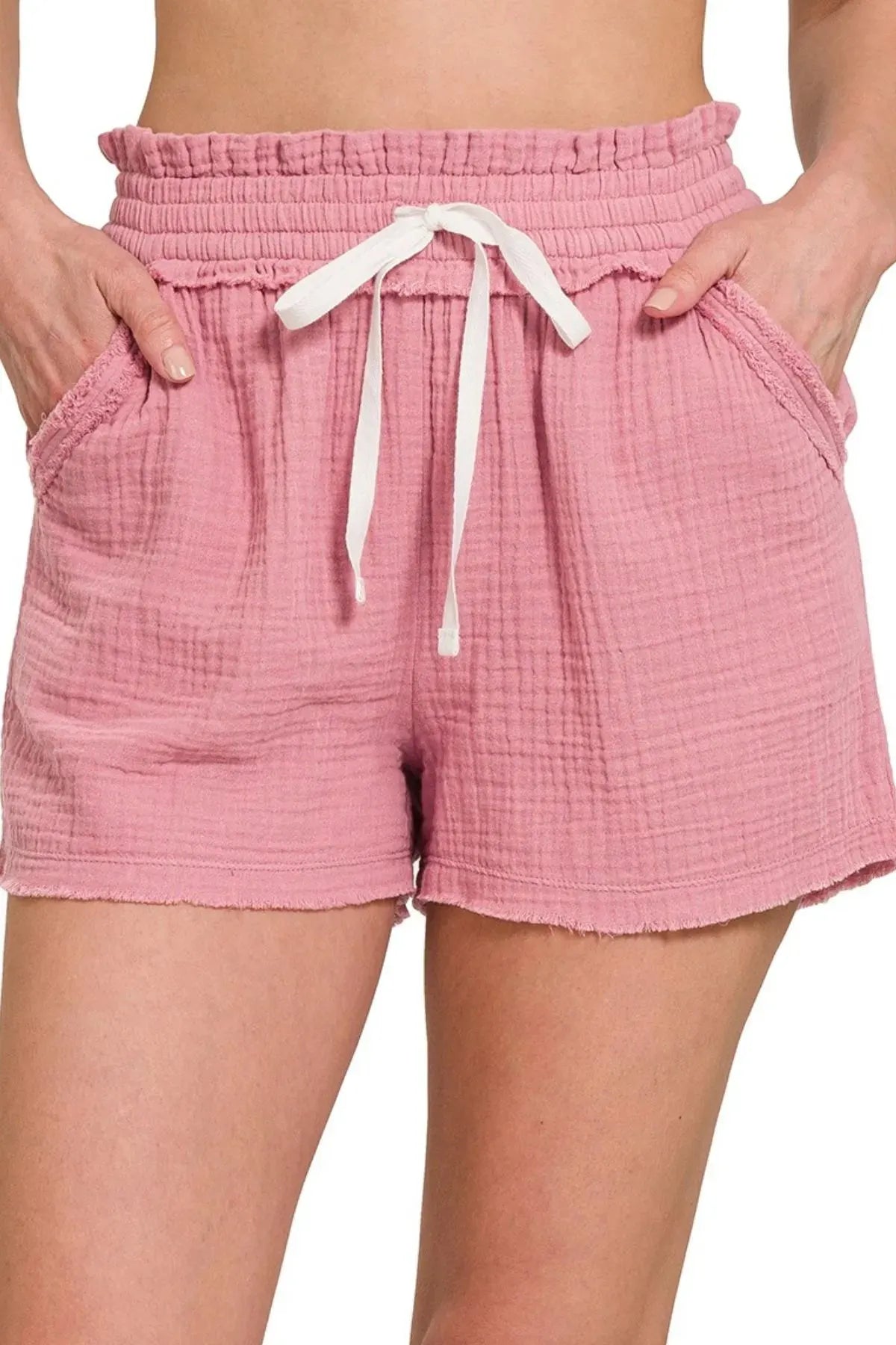 Breezy Cotton Gauze Beach Shorts in Light Rose women outfit ideas
