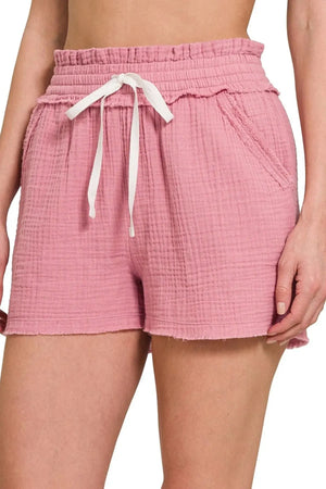Breezy Cotton Gauze Beach Shorts in Light Rose women outfit ideas