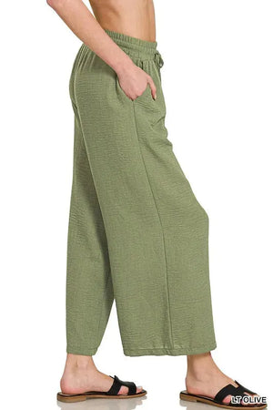 Breezy Crepe Cropped Beach Pants in Light Olive women outfit ideas