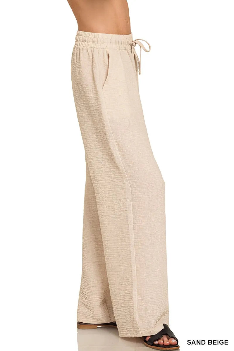 Breezy Crepe Drawstring Beach Pants in Sand Beige