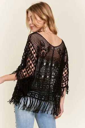 Breezy Crochet Fringe Beach Top in Black women outfit ideas