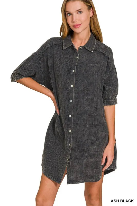 Breezy Double Gauze Beach Shirt Dress in Ash Black
