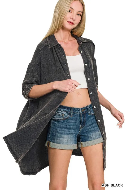 Breezy Double Gauze Beach Shirt Dress in Ash Black