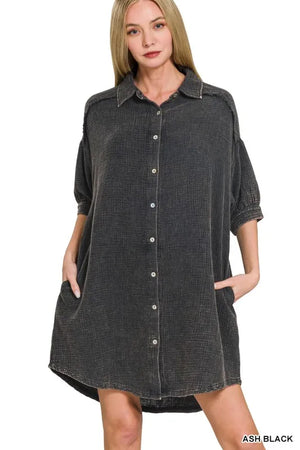 Breezy Double Gauze Beach Shirt Dress in Ash Black