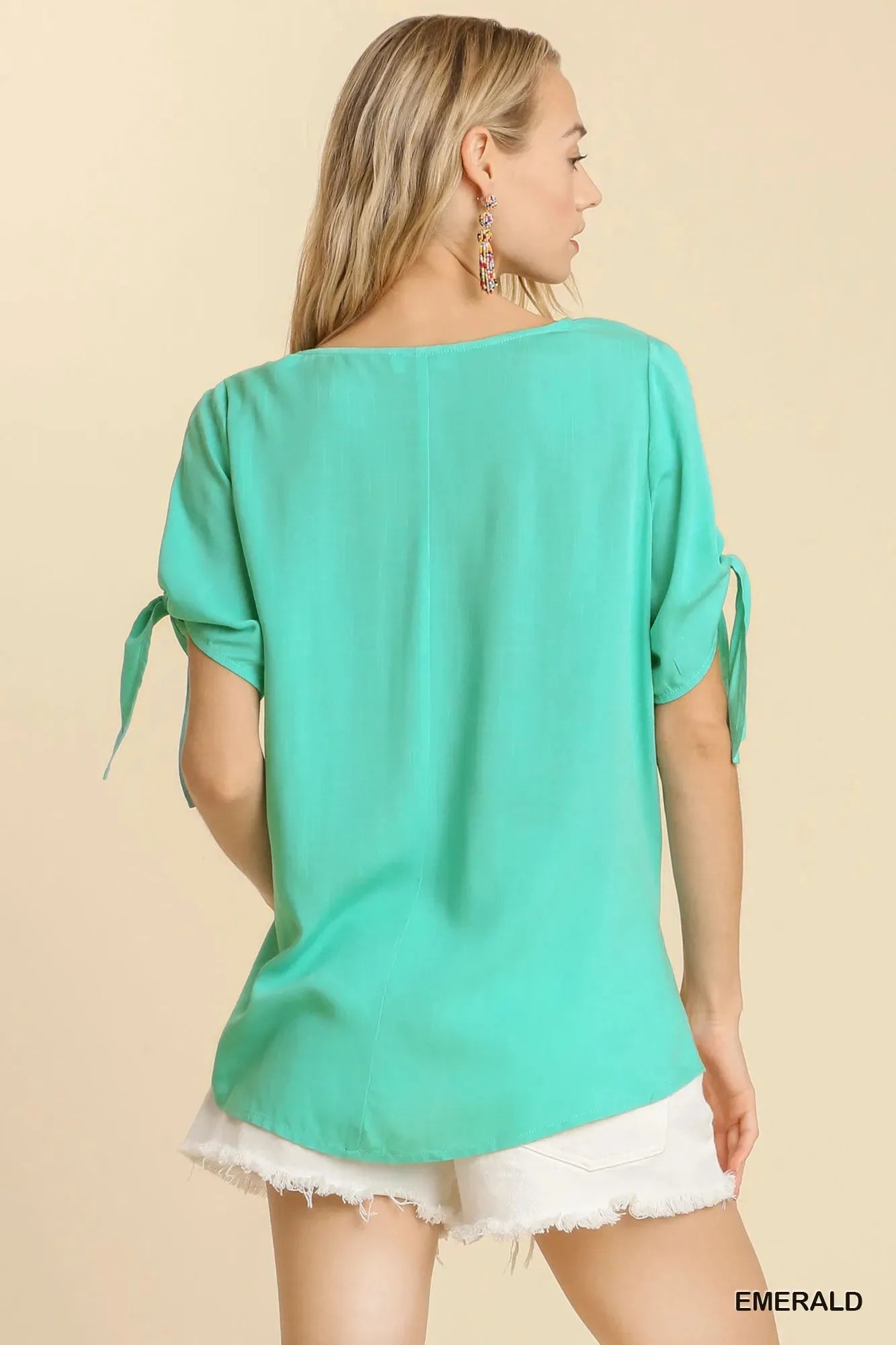 Breezy Emerald Beach Top with Cold Shoulder Cutouts women outfit ideas