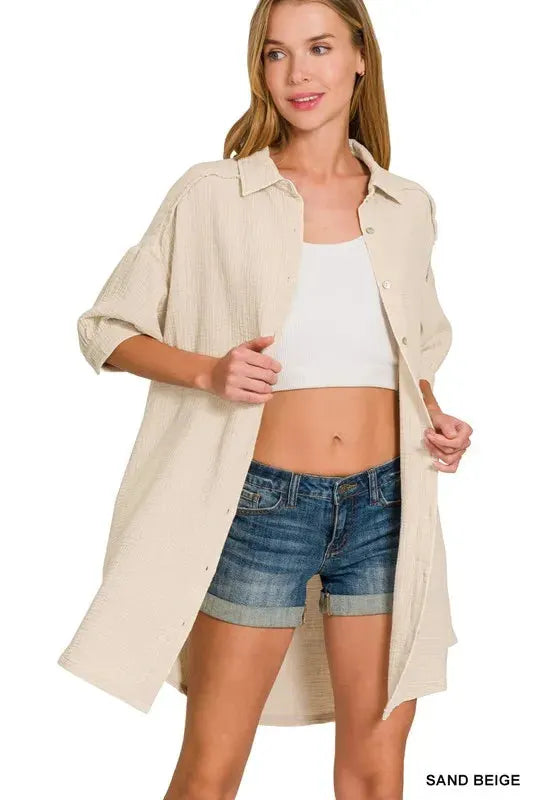 Breezy Gauze Button-Down Beach Dress in Sand Beige women outfit ideas