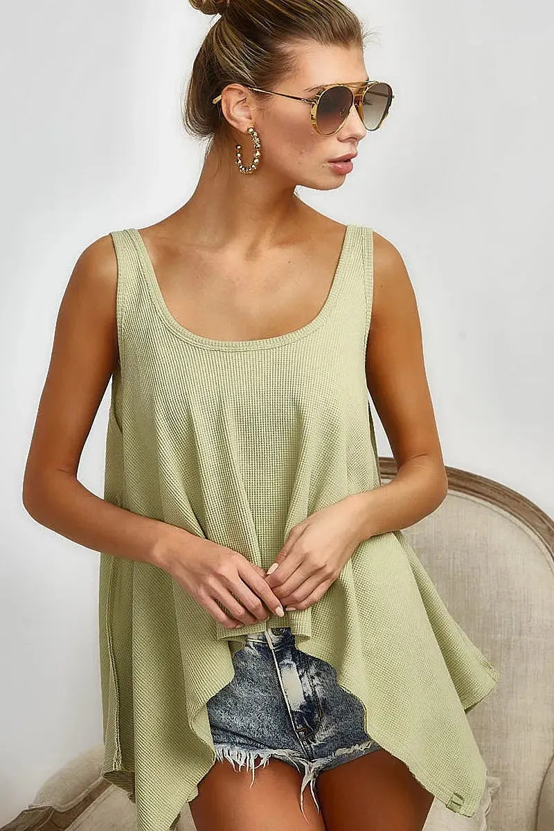 Breezy High-Low Knit Beach Tank in Sage women outfit ideas