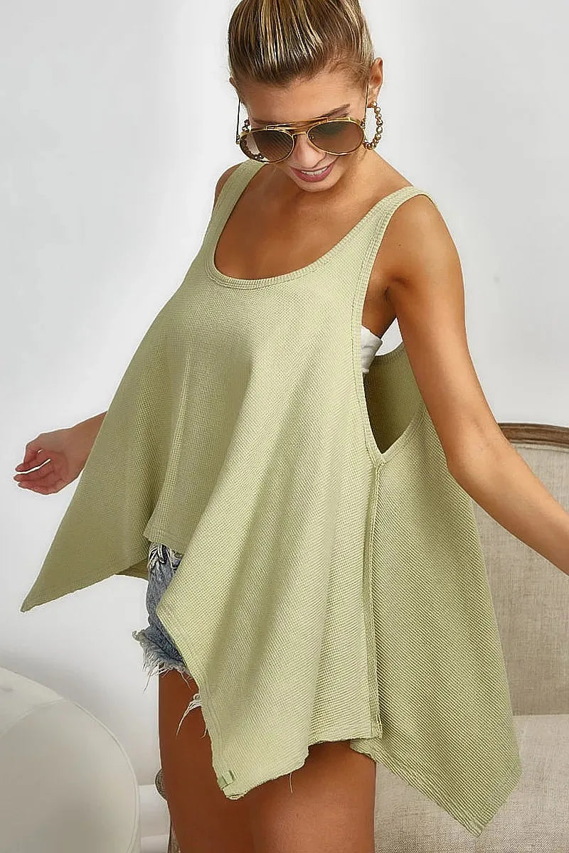 Breezy High-Low Knit Beach Tank in Sage women outfit ideas