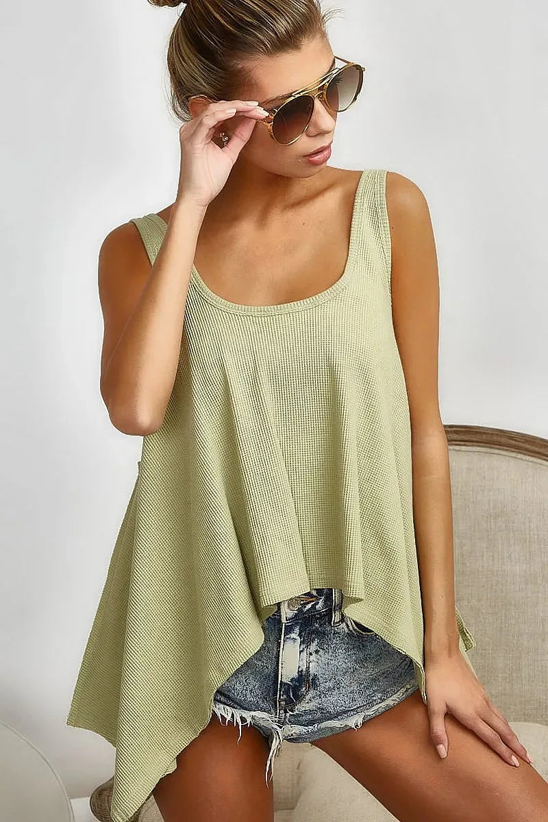 Breezy High-Low Knit Beach Tank in Sage women outfit ideas