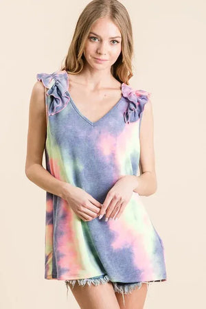 Breezy Ruffle Tie-Dye V-Neck Beach Top women outfit ideas