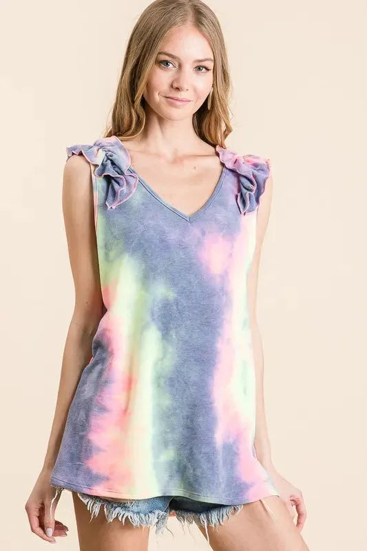 Breezy Ruffle Tie-Dye V-Neck Beach Top women outfit ideas
