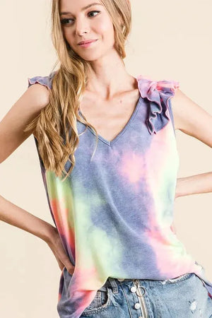 Breezy Ruffle Tie-Dye V-Neck Beach Top women outfit ideas