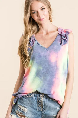 Breezy Ruffle Tie-Dye V-Neck Beach Top women outfit ideas