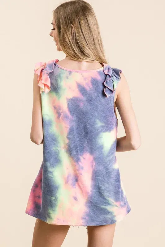 Breezy Ruffle Tie-Dye V-Neck Beach Top women outfit ideas