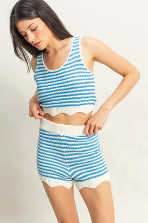 Breezy Striped Beach Tank and Shorts Set - Blue/Cream women outfit ideas