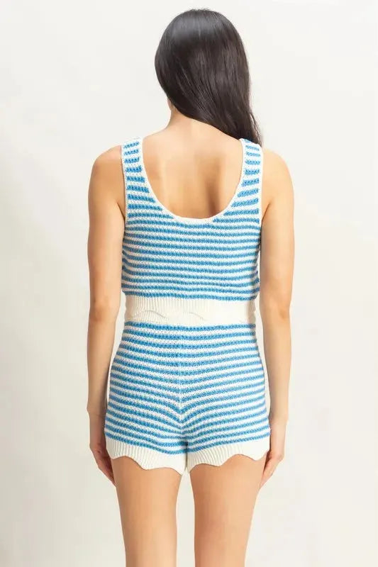Breezy Striped Beach Tank and Shorts Set - Blue/Cream women outfit ideas