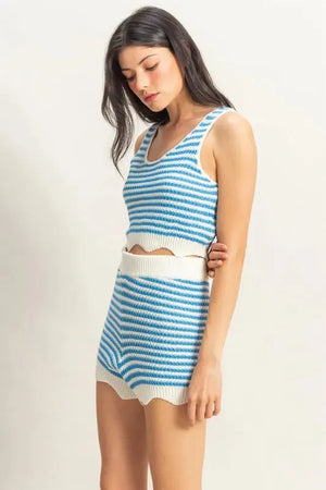 Breezy Striped Beach Tank and Shorts Set - Blue/Cream women outfit ideas