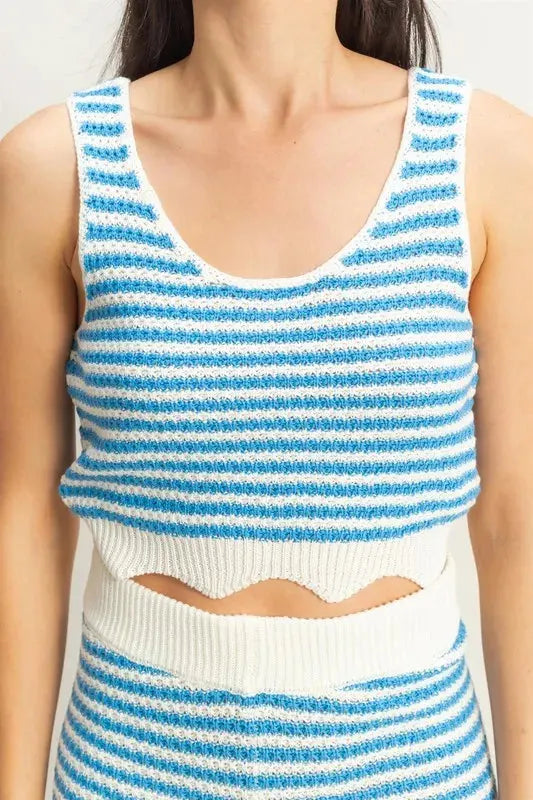 Breezy Striped Beach Tank and Shorts Set - Blue/Cream women outfit ideas