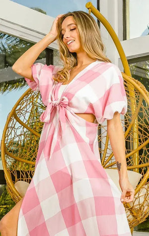 Coastal Checkered Cut-Out Beach Dress in Blush women outfit ideas