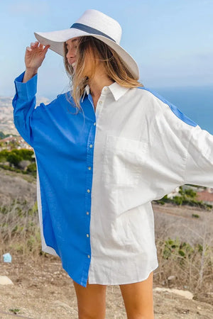 Coastal Color Block Button-Up Beach Shirt women outfit ideas