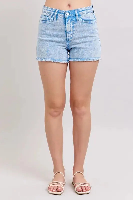 Coastal Cyan Mid-Rise Denim Beach Shorts women outfit ideas