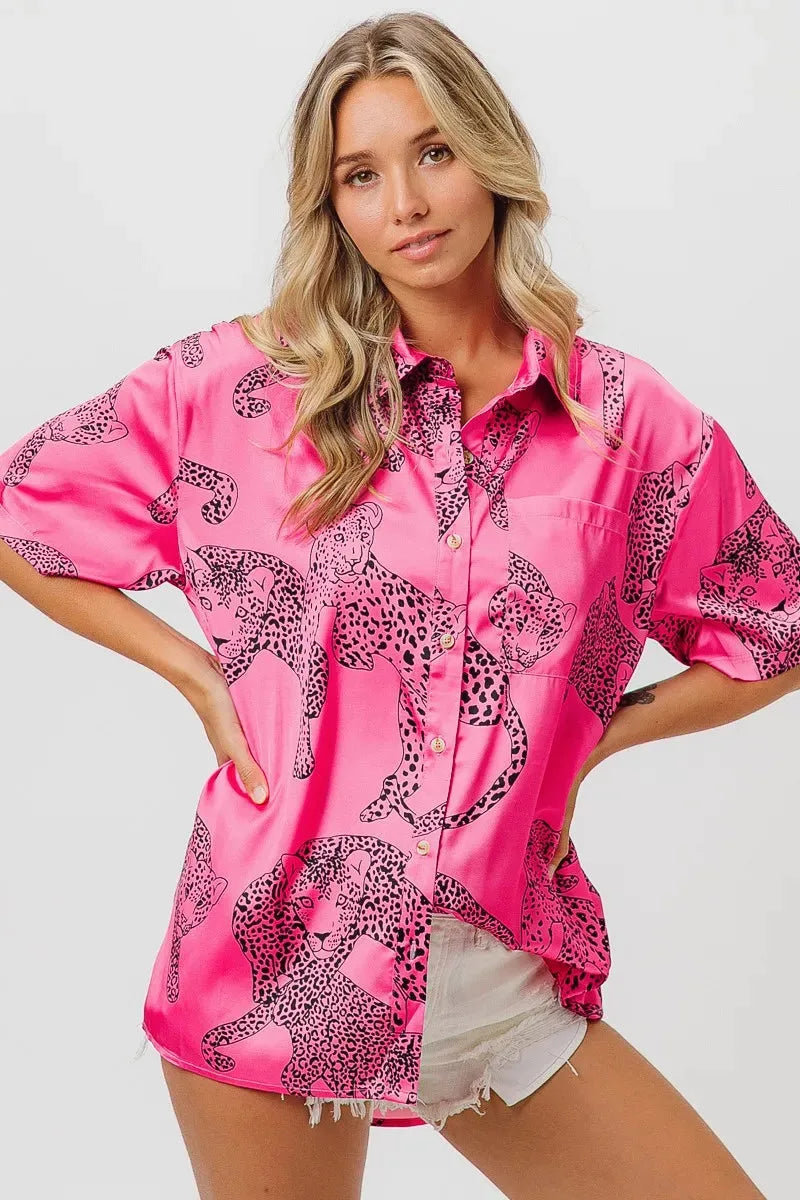 Coastal Leopard Print Silky Beach Shirt in Fuchsia women outfit ideas