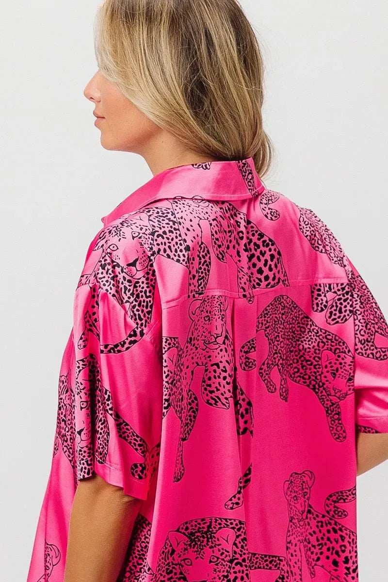 Coastal Leopard Print Silky Beach Shirt in Fuchsia women outfit ideas