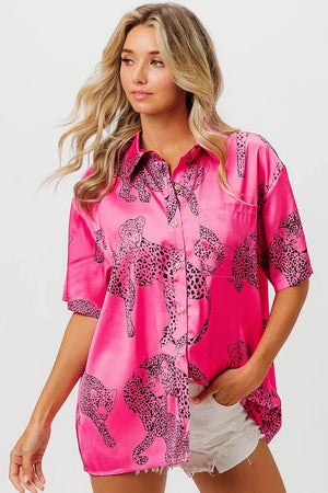 Coastal Leopard Print Silky Beach Shirt in Fuchsia women outfit ideas