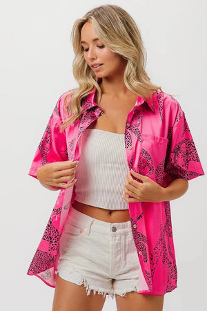 Coastal Leopard Print Silky Beach Shirt in Fuchsia women outfit ideas