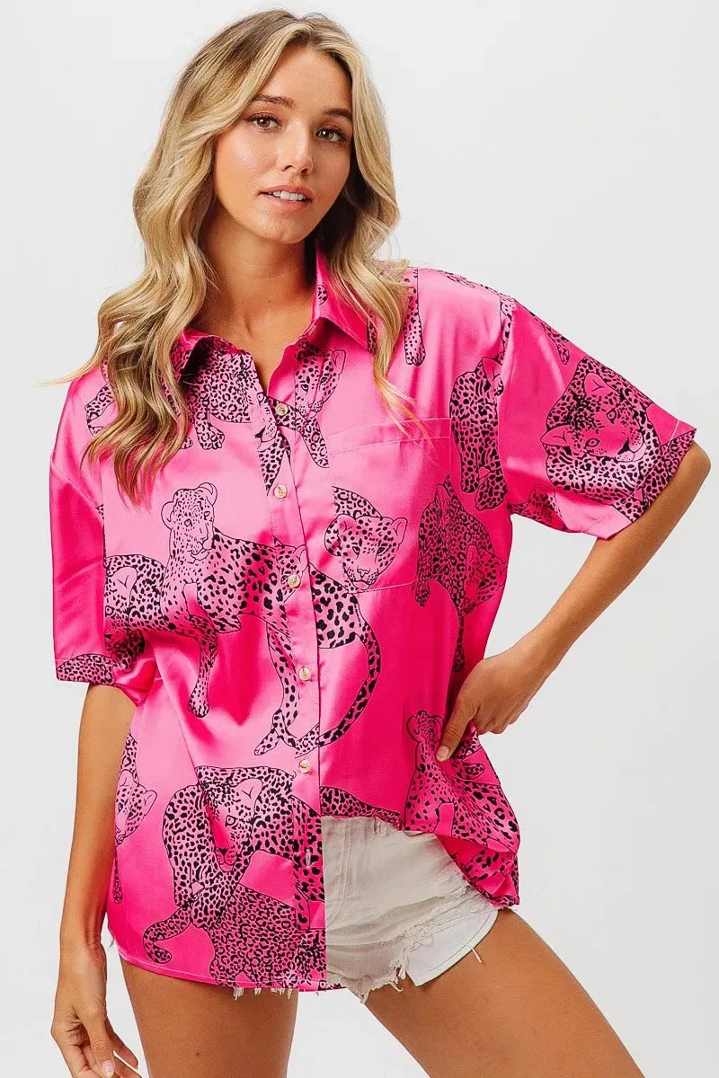 Coastal Leopard Print Silky Beach Shirt in Fuchsia women outfit ideas