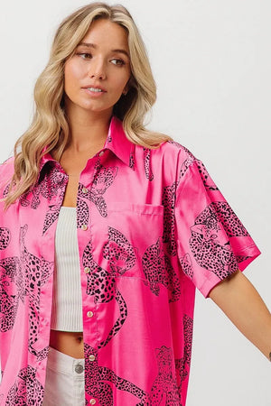 Coastal Leopard Print Silky Beach Shirt in Fuchsia women outfit ideas