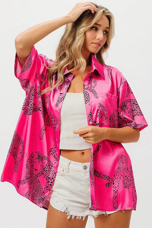 Coastal Leopard Print Silky Beach Shirt in Fuchsia women outfit ideas