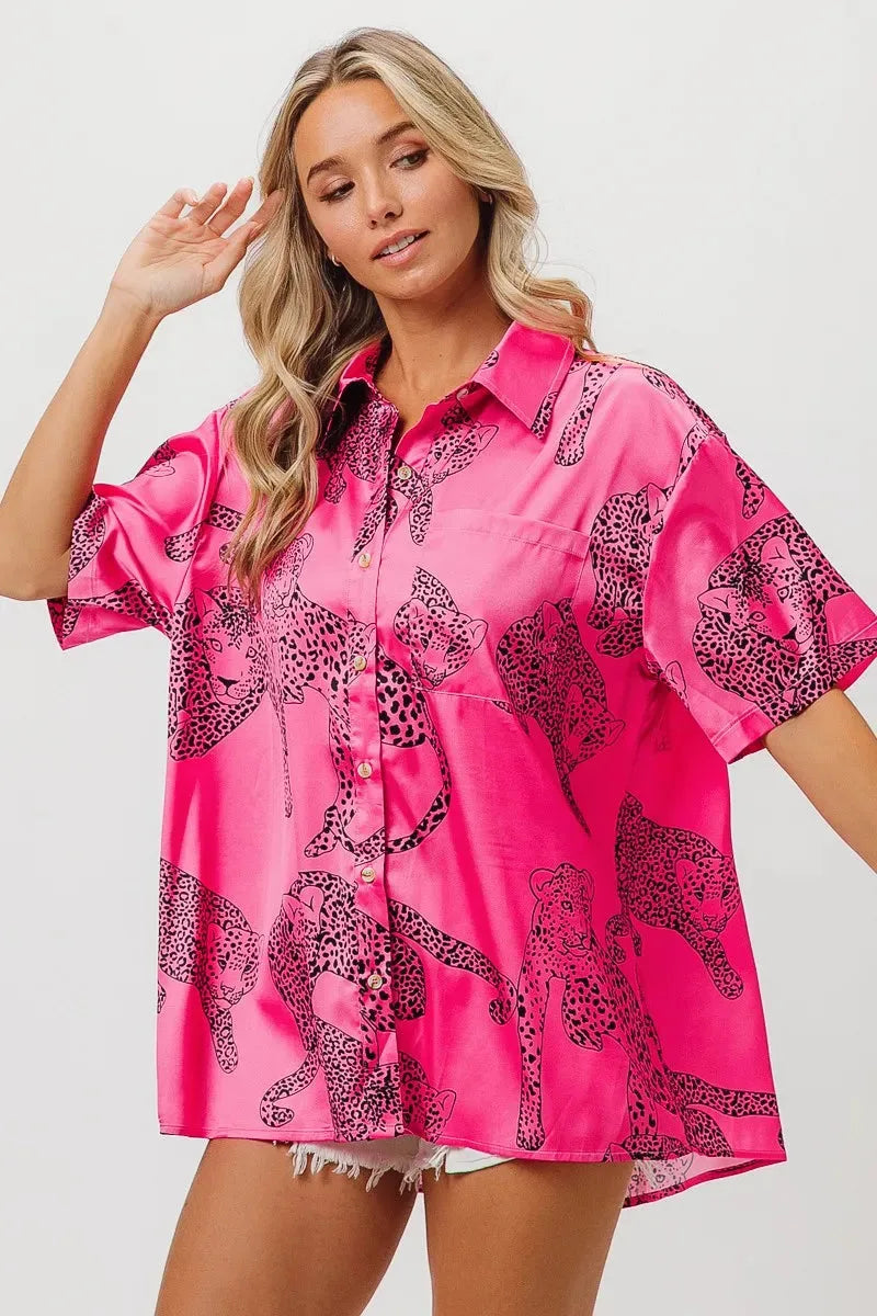 Coastal Leopard Print Silky Beach Shirt in Fuchsia women outfit ideas