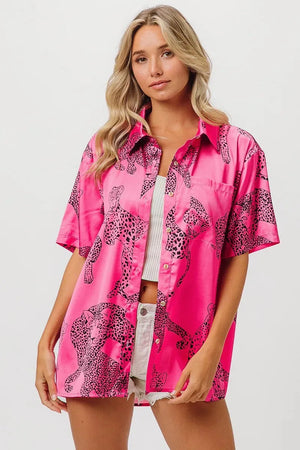 Coastal Leopard Print Silky Beach Shirt in Fuchsia women outfit ideas