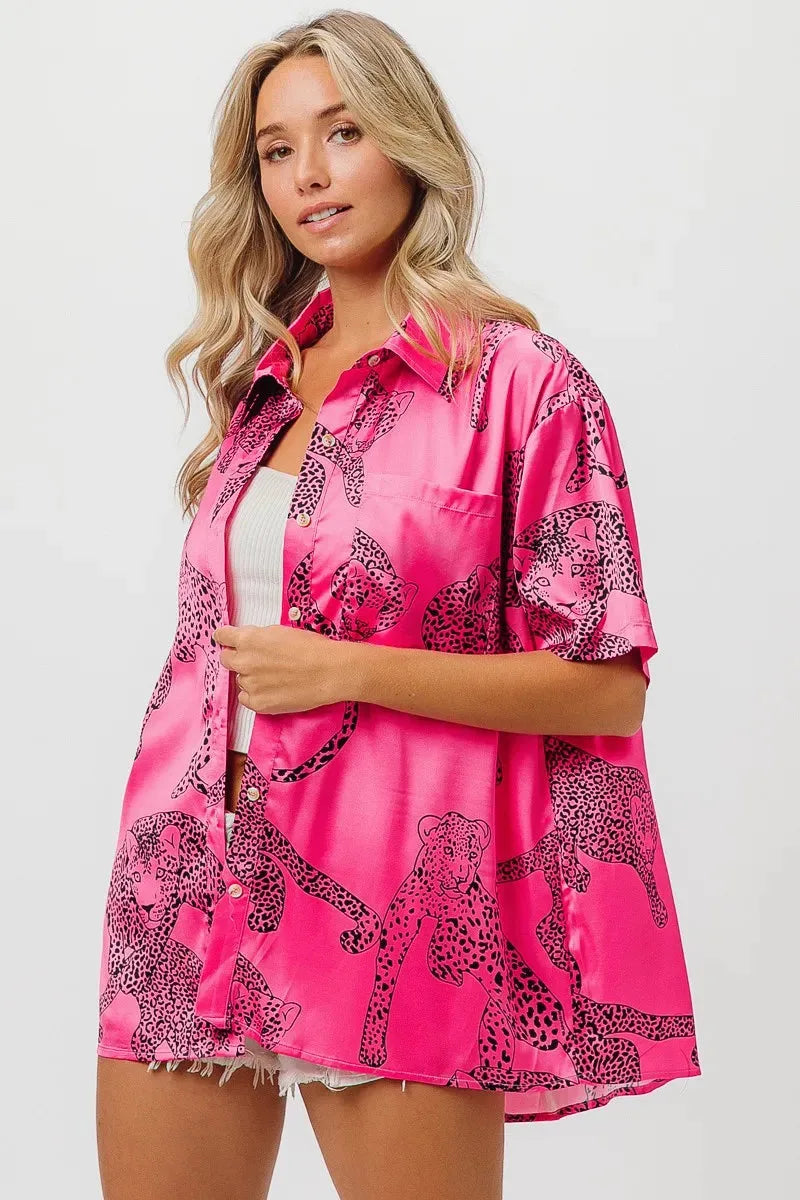 Coastal Leopard Print Silky Beach Shirt in Fuchsia women outfit ideas