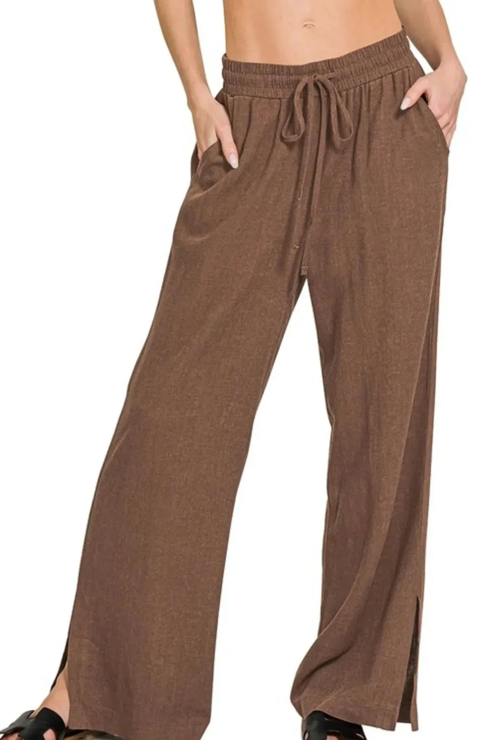 Coastal Linen Drawstring Beach Pants in Rich Brown women outfit ideas