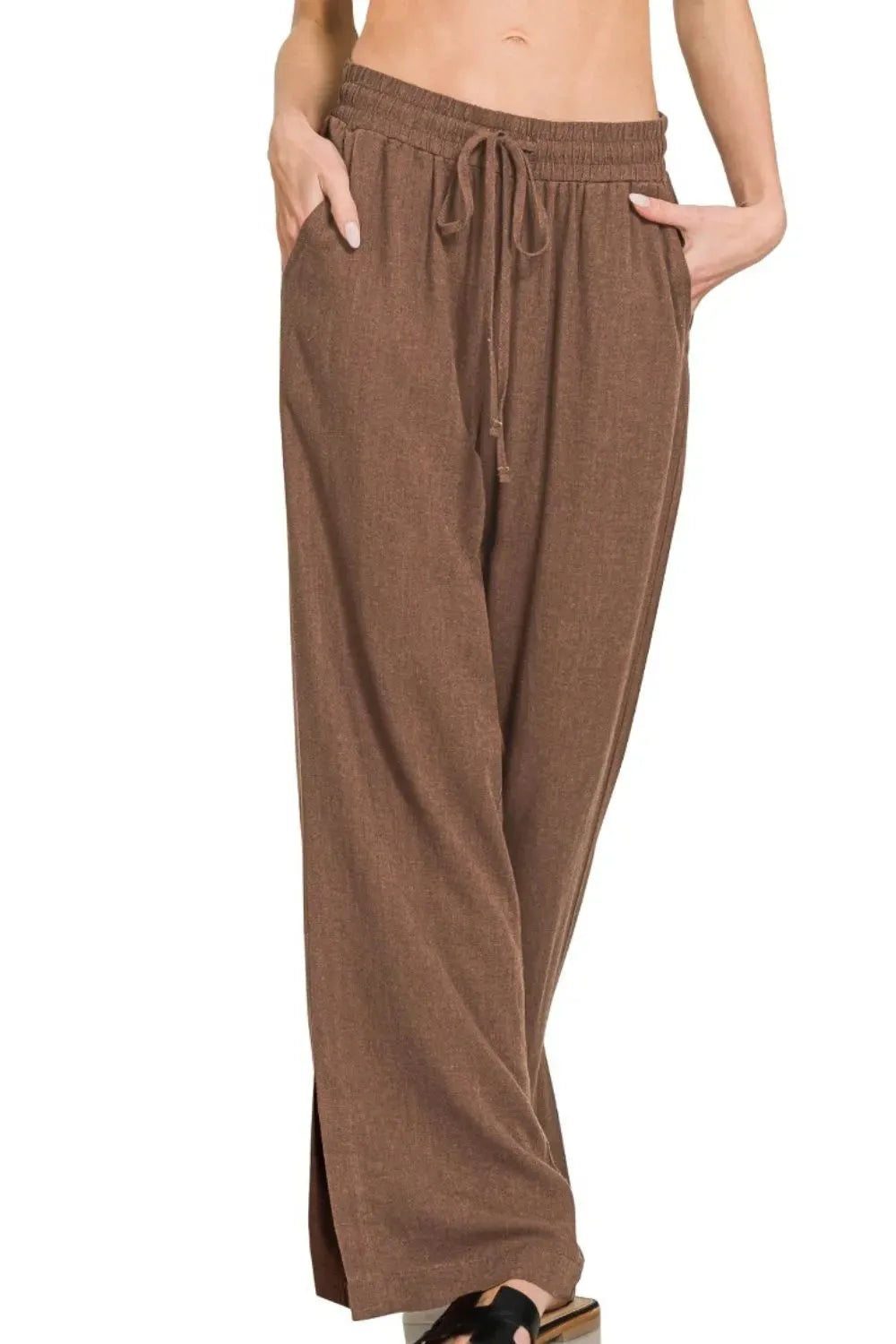 Coastal Linen Drawstring Beach Pants in Rich Brown women outfit ideas