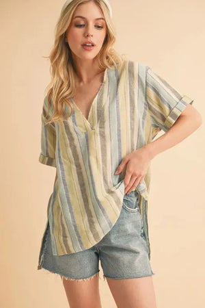 Coastal Stripe Side Slit Beach Top in Blue Green women outfit ideas
