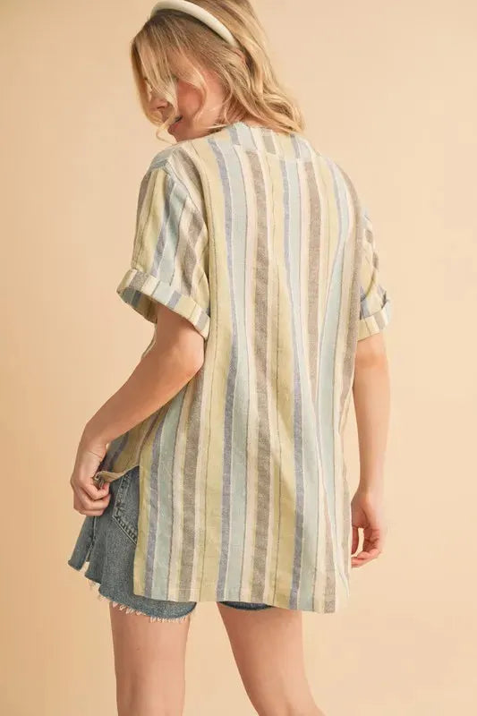 Coastal Stripe Side Slit Beach Top in Blue Green women outfit ideas