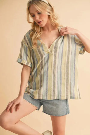 Coastal Stripe Side Slit Beach Top in Blue Green women outfit ideas