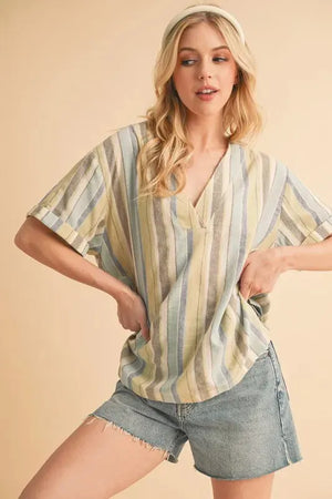 Coastal Stripe Side Slit Beach Top in Blue Green women outfit ideas