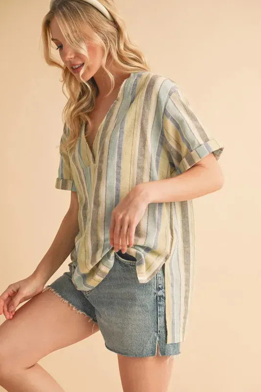 Coastal Stripe Side Slit Beach Top in Blue Green women outfit ideas