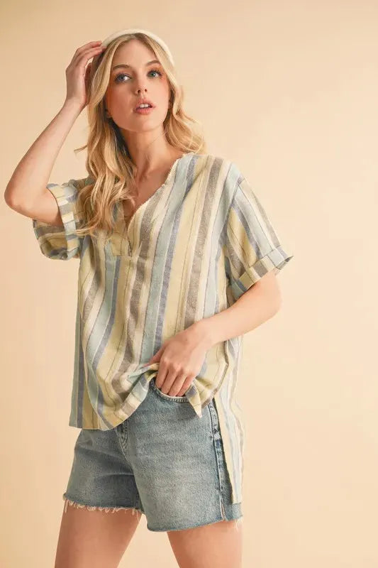 Coastal Stripe Side Slit Beach Top in Blue Green women outfit ideas